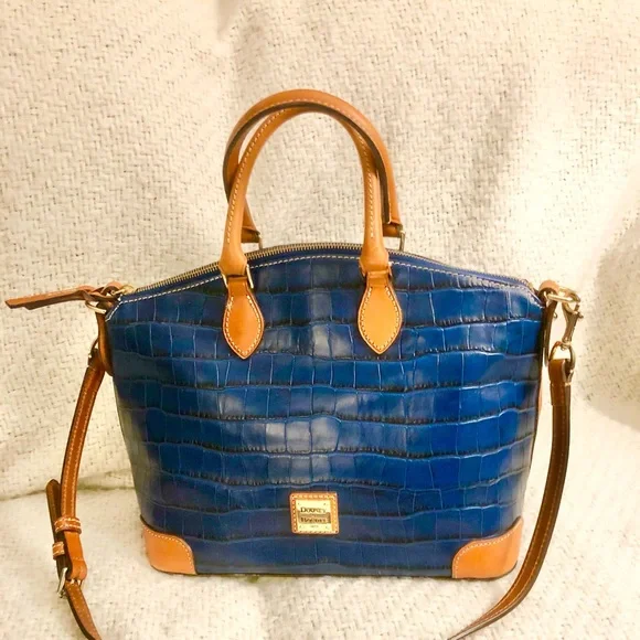 Dooney & Bourke Navy Croc Embossed Satchel with Tan Trim - Picture 2 of 16